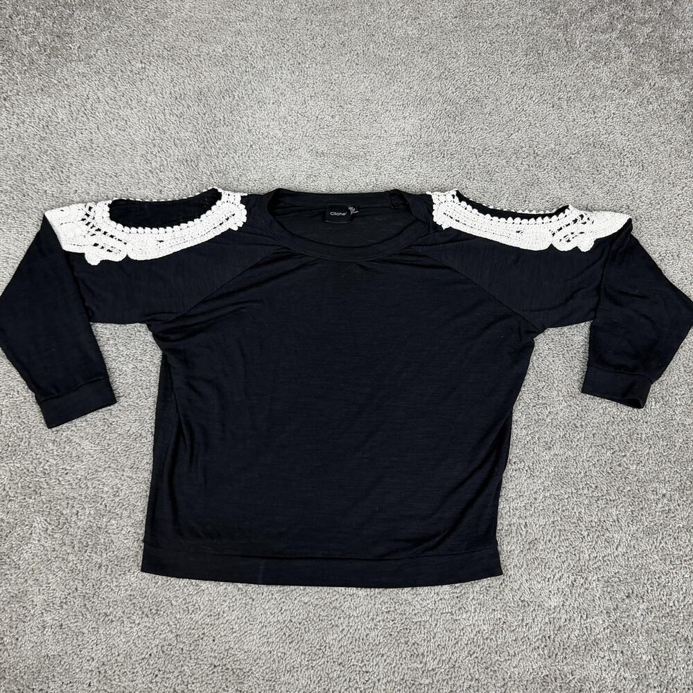 Cliche' Shirt Womens Medium Black Crochet Cold Shoulder 3/4 Sleeve Blouse